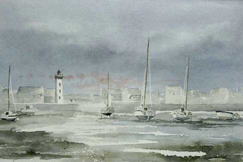 Crépuscule au phare, aquarelle de Bernard Beaulien