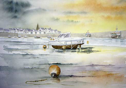 Fééries du soir a Roscoff, aquarelle de Bernard Beaulien