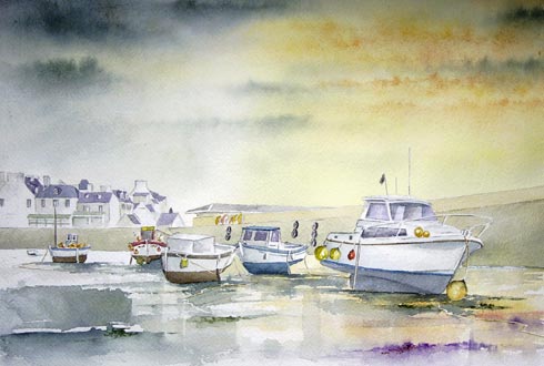 Le quai Tristan Corbière Roscoff, aquarelle de Bernard Beaulien