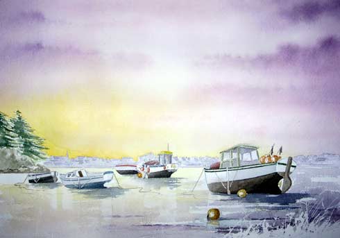 Fééries du soir à l'aber, aquarelle de Bernard Beaulien