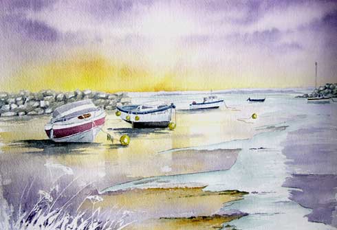 Coucher de soleil au Porsgwenn, aquarelle de Bernard Beaulien