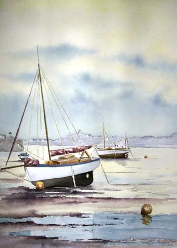 Couleurs du soir au port, aquarelle de Bernard Beaulien