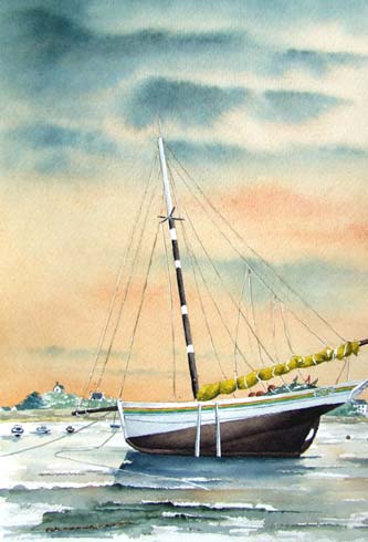 Matin au port, aquarelle de Bernard Beaulien