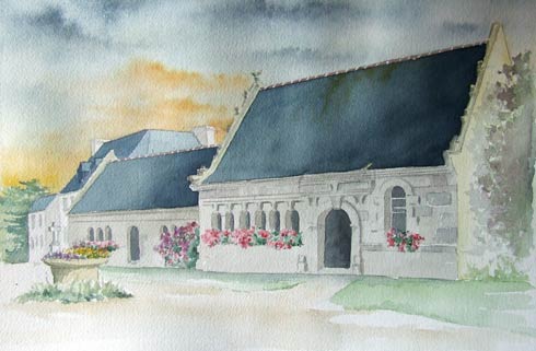 Enclos de Plounéour-Trez . Aquarelle de B. BEAULIEN, aquarelle de Bernard Beaulien