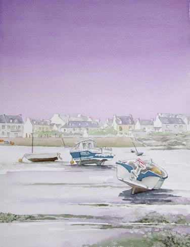 Jusant au crépuscule, aquarelle de Bernard Beaulien