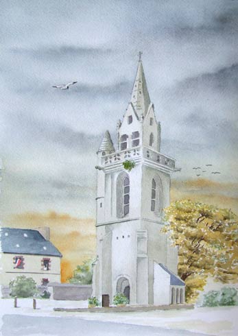 Taulé le clocher Beaumanoir, aquarelle de Bernard Beaulien