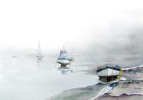 Brume au port, aquarelle de Bernard Beaulien