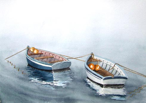 Barques au matin, aquarelle de Bernard Beaulien