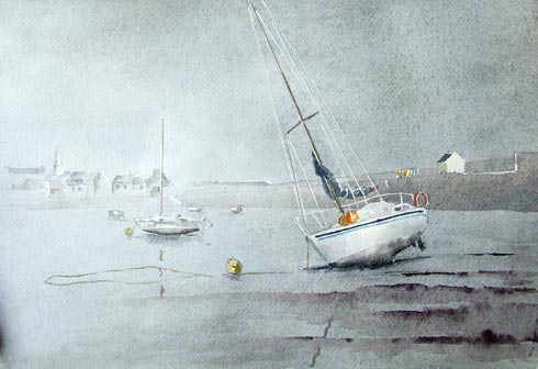 Brume au port, aquarelle de Bernard Beaulien