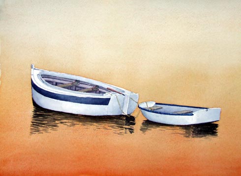 Barques au couchant, aquarelle