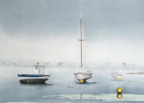 Matin brumeux, aquarelle de Bernard Beaulien